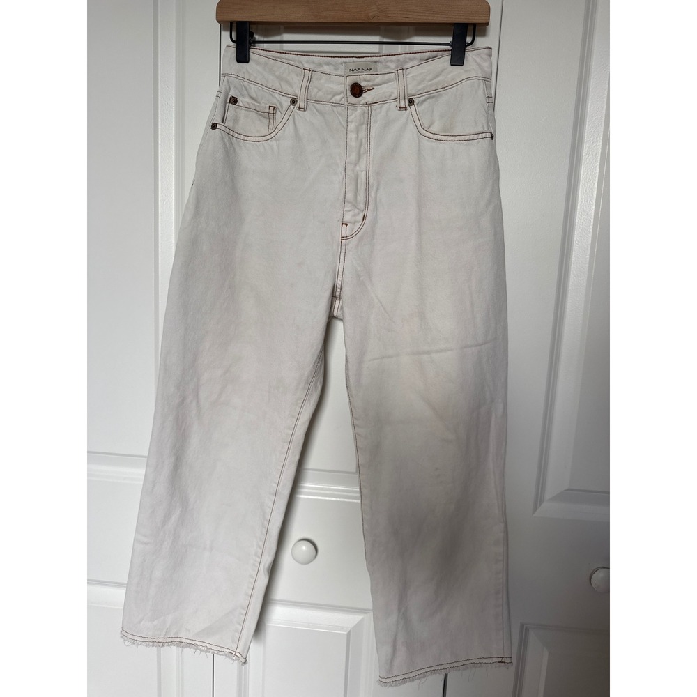 Naf Naf Paris Womens High Waist Wide Leg Jeans Cream Brown Stitch Frayed Hem 8
